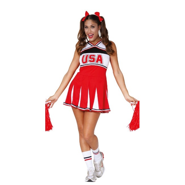 Vista delantera del costume rosso cheerleader da donna disponible también en talla XL