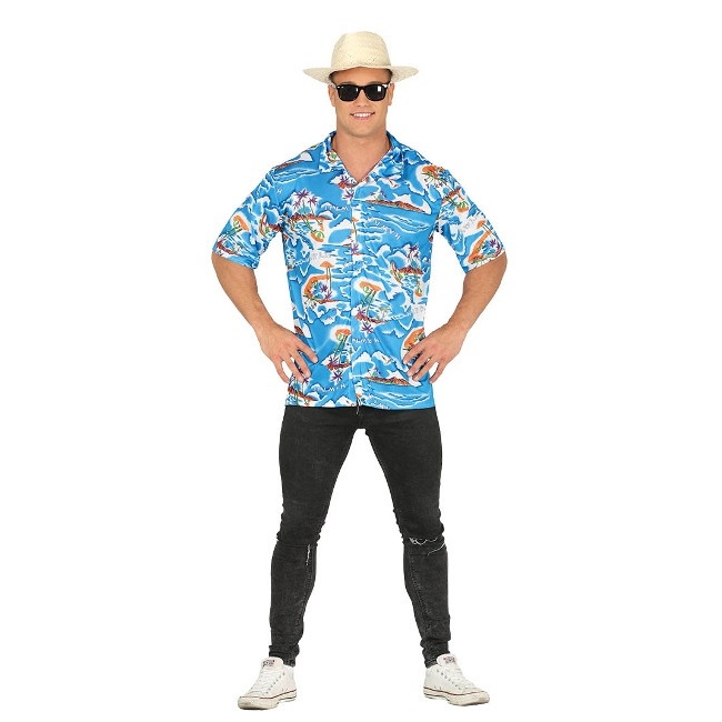 Vista delantera del camicia hawaiana blu da uomo