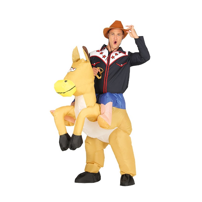Vista delantera del costume adulto sulle spalle di un cavallo en stock