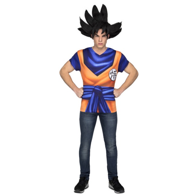 Vista frontal del maglietta costume Son Goku adulto disponible también en talla XL