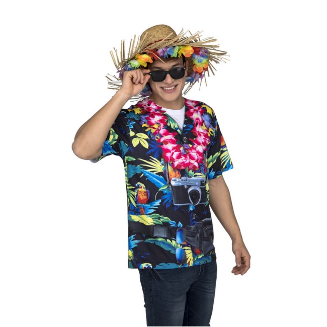 Vista delantera del camicia hawaiana nera da uomo disponible también en talla XL