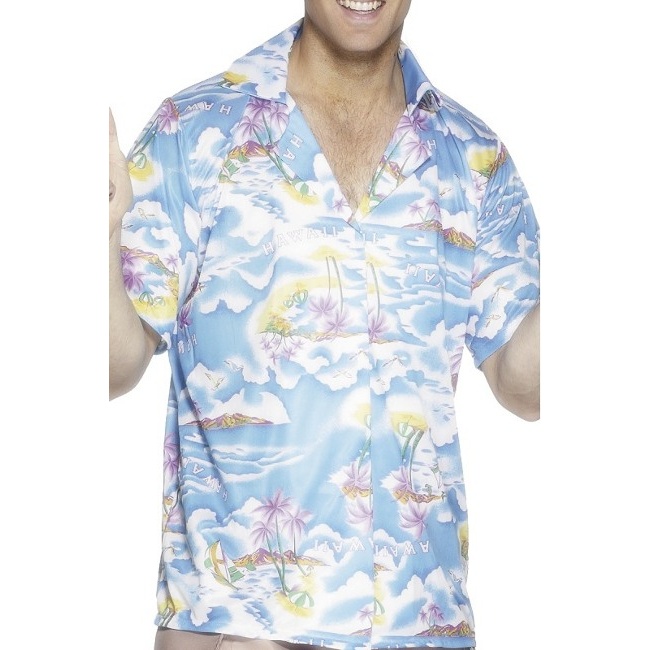 Vista principal del camicia hawaiana azzurra da uomo en stock