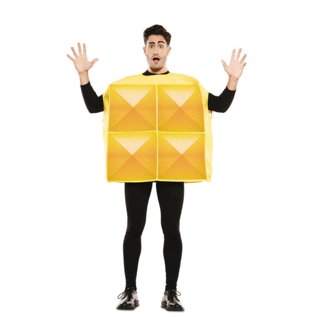 Vista frontal del costume Tetris giallo da adulto en stock