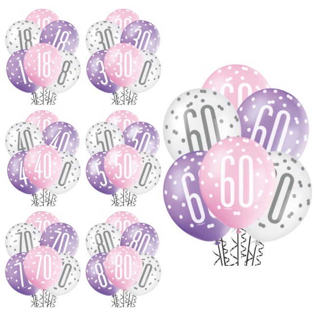 Palloncini in lattice compleanno rosa, lilla e bianco da 30 cm - Qualatex -  6 unità per 3,50 €