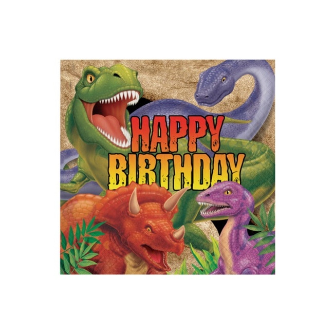 Vista principal del tovaglioli Happy Birthday Dinosauro T-Rex da 16,5 x 16,5 cm - 16 unità en stock
