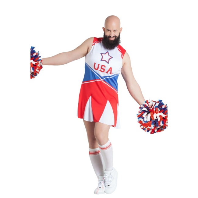 Vista frontal del costume cheerleader USA da uomo en stock