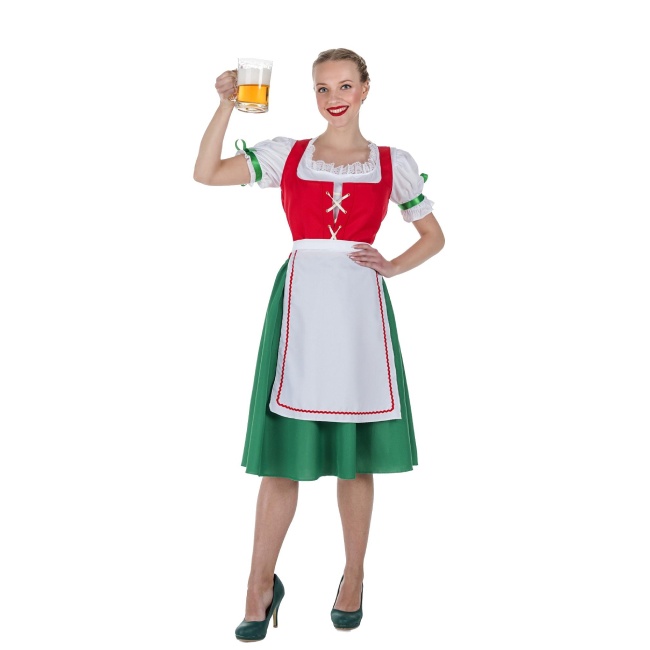 Vista frontal del costume cameriera tedesca oktoberfest rosso da donna en stock