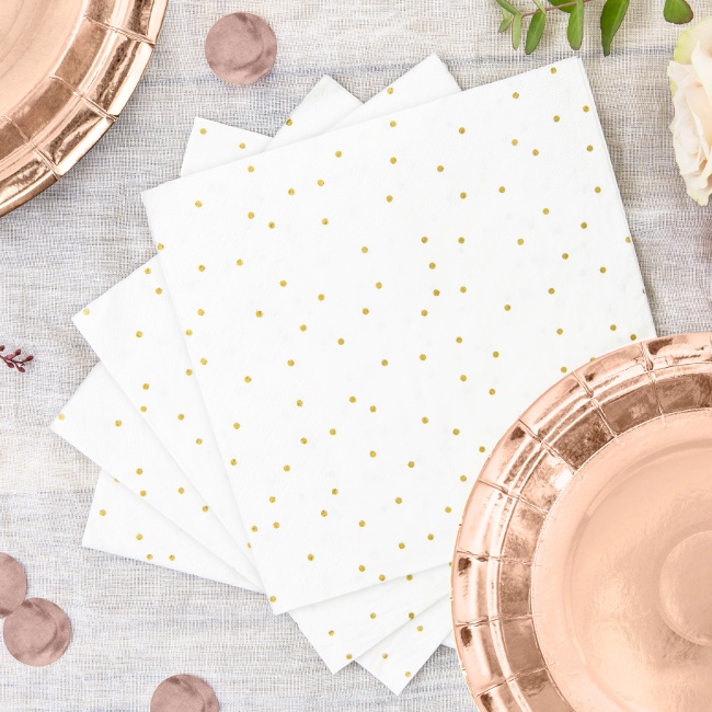 Foto detallada de tovaglioli bianchi con puntini dorati da 16,5 x 16,5 cm - 20 unità