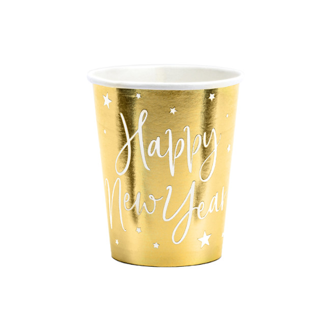 Vista principal del bicchieri dorati Happy New Year da 220 ml - 6 unità en stock