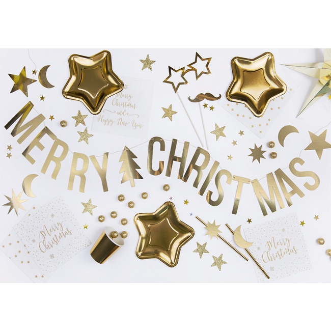 Foto detallada de festone Merry Christmas dorato con stelle - 1,50 m