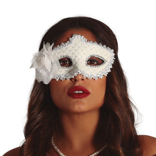 Maschera bianca con paillettes e fiori per 3,00 €