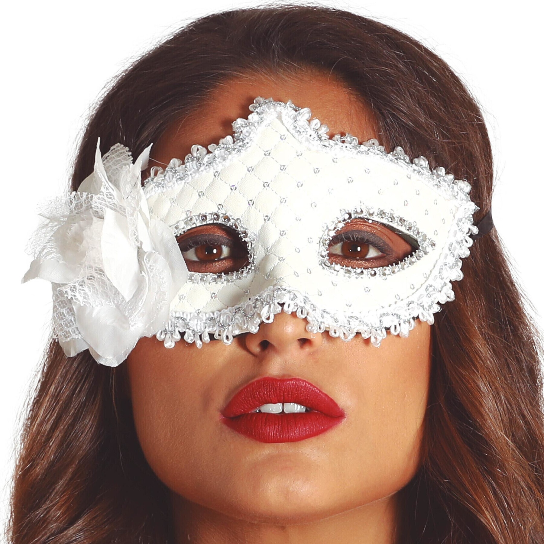 Maschera bianca con paillettes e fiori per 3,00 €