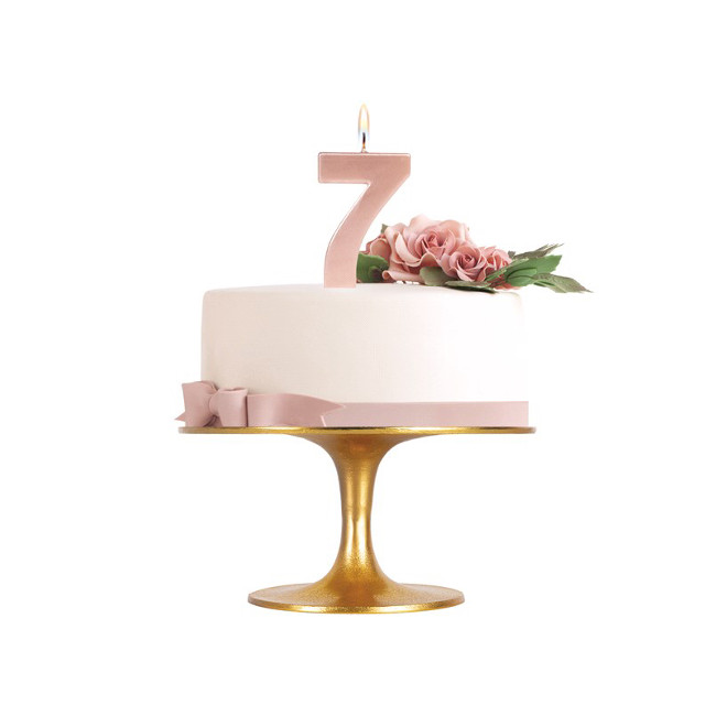 Vista delantera del candelina numero rosa dorato metallizzato - 8 cm en stock