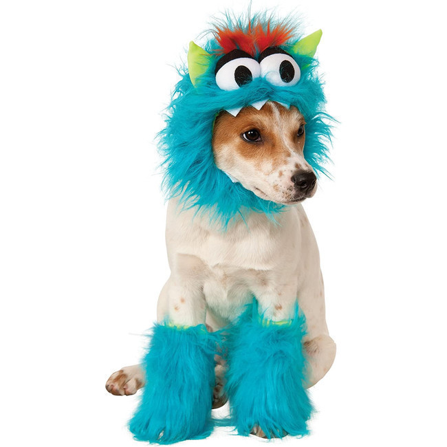 Vista frontal del costume mostro blu per cane en stock