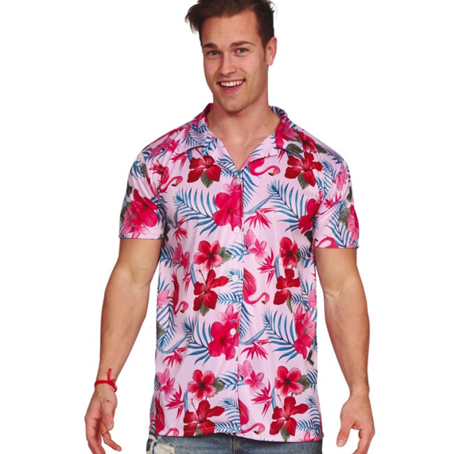 Vista frontal del camicia fenicotteri hawaiana da uomo en stock