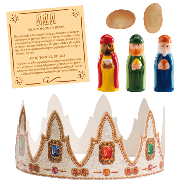 Vista frontal del kit decorazioni per Roscon de Reyes in spagnolo e catalano - Dekora - 100 unità en stock