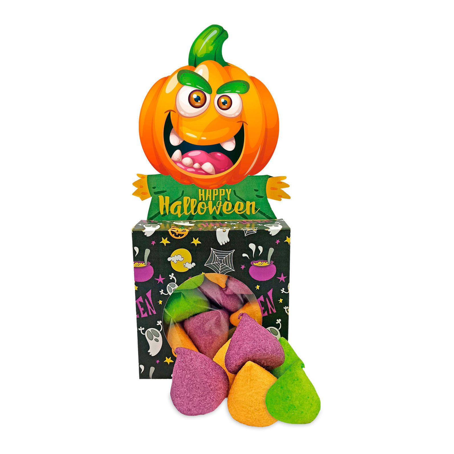 Scatola a forma di zucca di Halloween con marshmallows da 72 gr - 1 unità
