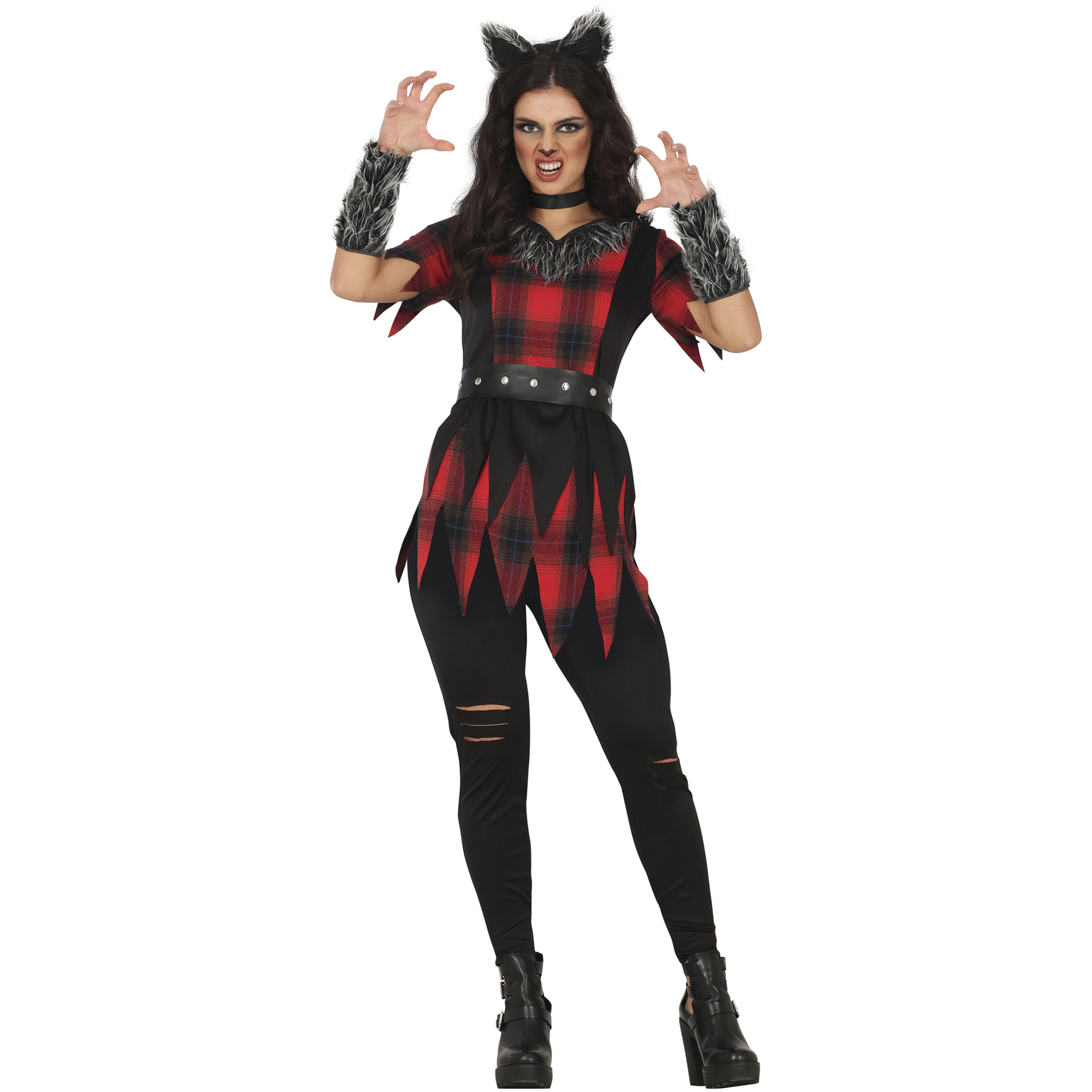 Costume da lupo a quadri rosso e nero per donna