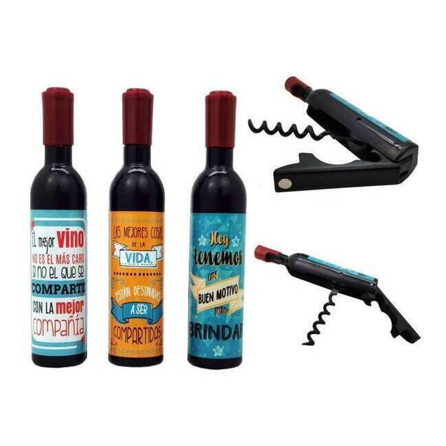 Cavatappi + apribottiglie magnetico a forma di bottiglia di vino con frasi  assortite - 1 pz. per 1,75 €