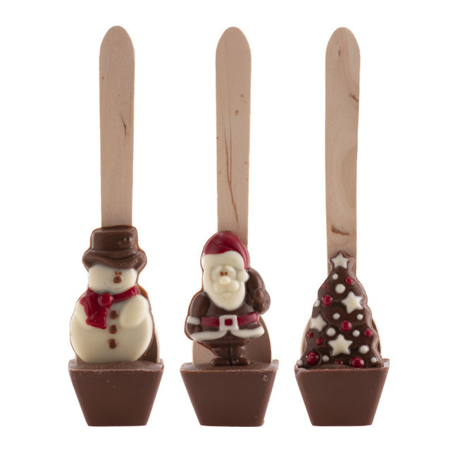 Vista delantera del cucchiai di cioccolato assortiti di Natale 40 g - Dekora - 12 unità en stock