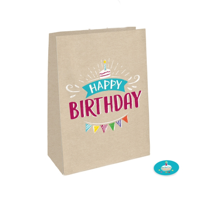 Sacchetto regalo in carta kraft Happy Birthday 23,5 x 15,8 x 6 cm - 4 pz.  per 4,75 €