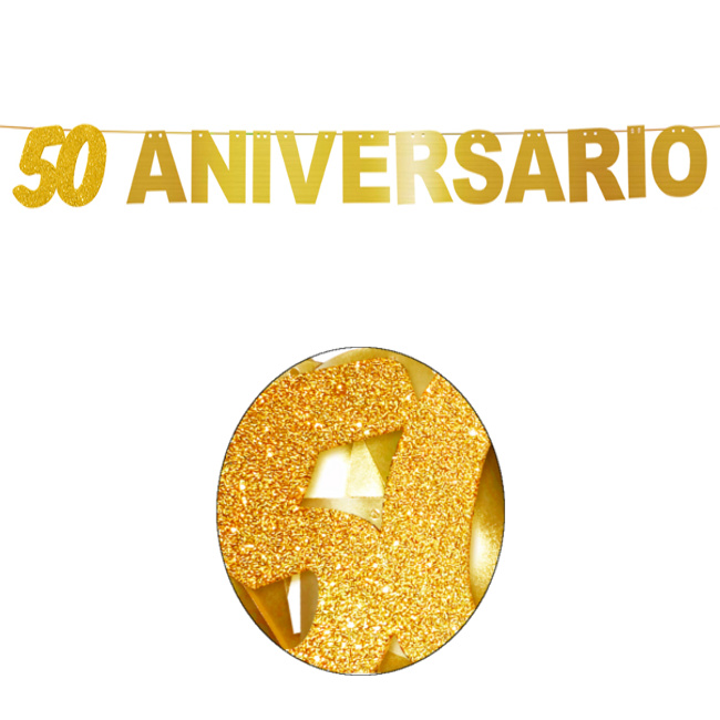 Vista frontal del festone dorato 50 Aniversario en stock
