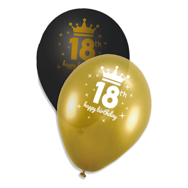 Palloncini in lattice neri e oro Happy 18th con corona 23cm - 6 pezzi per  1,25 €