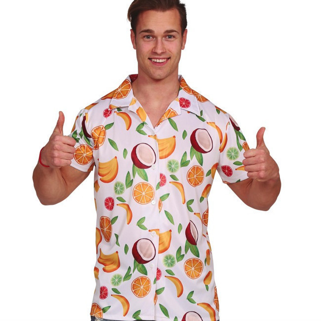 Vista frontal del camicia frutta hawaiana da uomo en stock