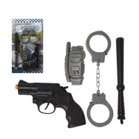 Set di polizia con manette, manganello, walkie talkie e pistola