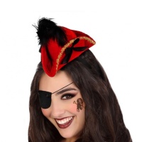 Cerchietti cappello mini da pirata rosso con piuma nera