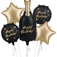 Bouquet di palloncini con bottiglia di champagne, neri e dorati - 5 pezzi