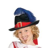 Cappello da moschettiere con piuma blu da bambino - 50 cm