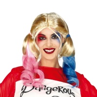 Parrucca bionda da supercattiva Harley Quinn con codini rosa e blu