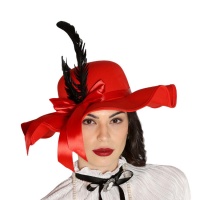 Cappello pamela rosso con piuma nera - 56 cm