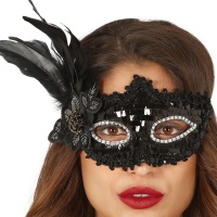 Maschera decorata con piuma e fiore nero