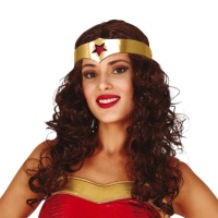 Parrucca riccia castana con nastro wonder woman