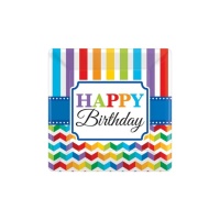 Piatti quadrati Happy Birthday Arcobaleno di 18 cm - 8 unità