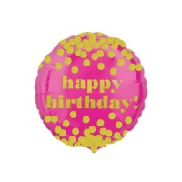 Palloncino rotondo rosa con pois dorati Happy Birthday da 45 cm - Anagram