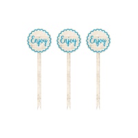 Topper cupcake legno Enjoy in azzurro - 12 unità