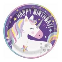 Piatti Happy Birthday Arcobaleno Unicorno 23 cm - 8 unità