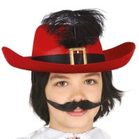 Cappello da moschettiere rosso con piuma infantile- 55 cm