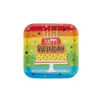 Piatti quadrati Torta di compleanno arcobaleno da 17 cm - 8 unità