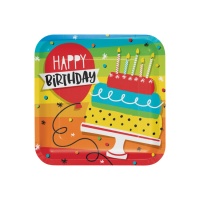 Piatti quadrati Happy Birthday arcobaleno di 23 cm - 8 unità