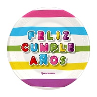 Piatti Buon Compleanno a strisce colorate da 18 cm - 8 pezzi