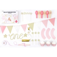 Confezione decorazioni rosa primo compleanno - 33 pezzi