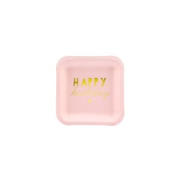Piatti quadrati rosa Happy Birthday dorato 14 cm - 6 unità