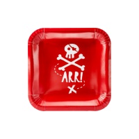 Piatti quadrati rossi con teschio pirata 20 cm - 6 unità