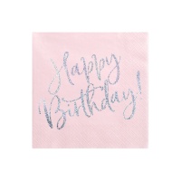 Tovaglioli rosa Happy Birthday argento da16,5 x 16,5 cm - 20 unità