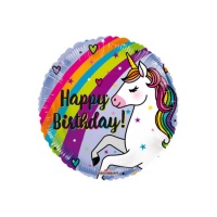 Palloncino rotondo Happy Birthday con Unicorno arcobaleno - 46 cm