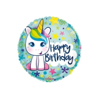 Palloncino rotondo Happy Birthday Unicorno baby - 46 cm